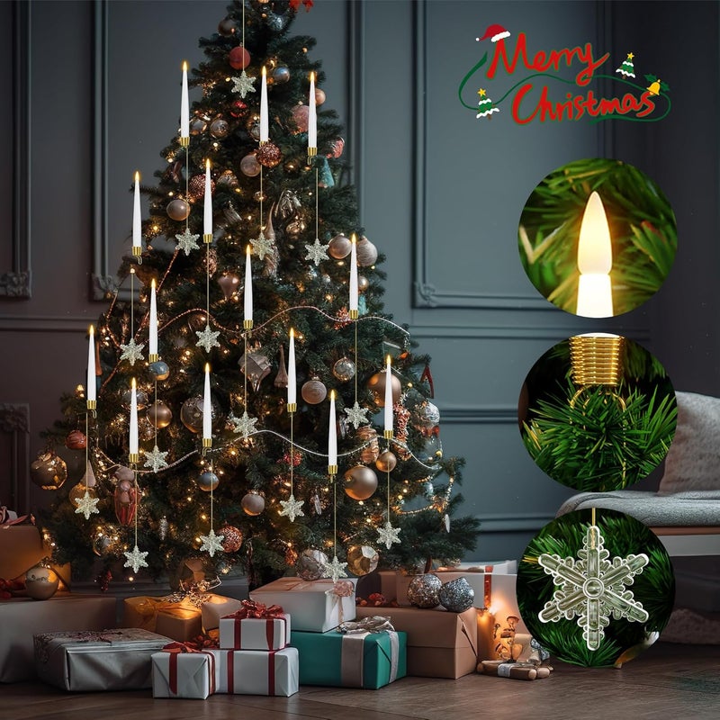 AFINETH Flameless Taper Candles for Christmas Tree Decorations, Battery Operated Christmas Candles with Remote, 12 Pack Flickering LED Candlesticks with Clear Snowflake Hooks for Xmas Tree Decoration - Image 3